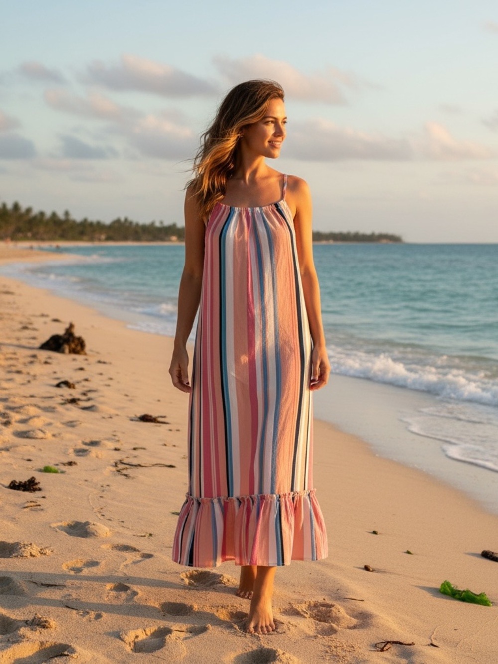 Listicle Pink, Blue & Cream Striped Ruffle-Hem Sundress